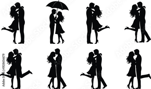 Romantic couple silhouette collection showing loving embrace, kissing poses, and affectionate moments, representing love, relationship happiness, romance, and emotional connection illustration
