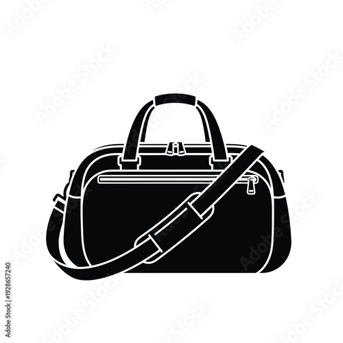 Black and white silhouette of a duffel bag with shoulder strap.