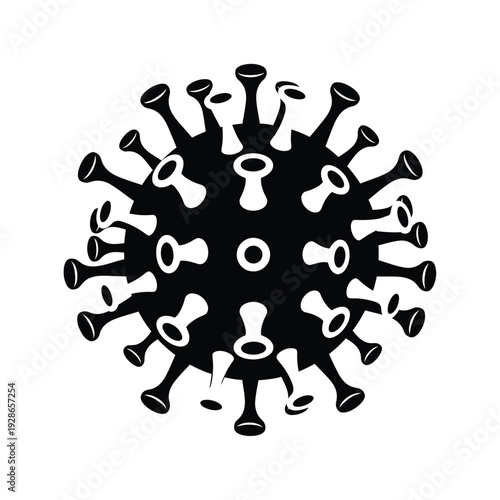 Black and white illustration of a coronavirus particle.