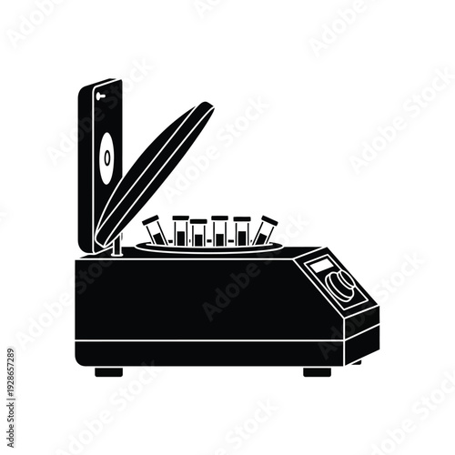 Centrifuge machine with test tubes for laboratory analysis.