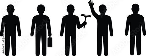 Human figure silhouette icons showing different people poses including worker, cleaner, and greeting gestures, representing occupations, activities, and social interaction concepts