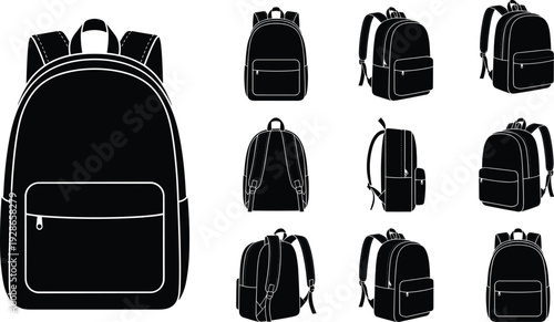 Backpack silhouette icon set showing school bag from multiple perspectives, travel backpack design, student accessory collection for education and lifestyle use