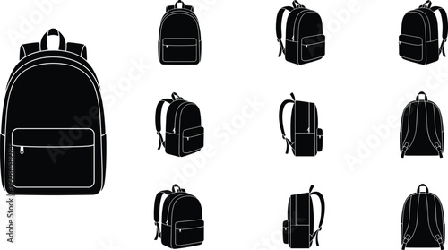 Backpack silhouette collection showing school bag from multiple angles, travel backpack design, student accessory icon set for education and lifestyle concepts