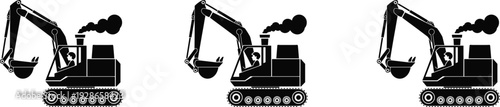 Black excavator silhouette set, heavy machinery construction equipment icons, industrial digger vehicle with operator isolated on white background vector design,