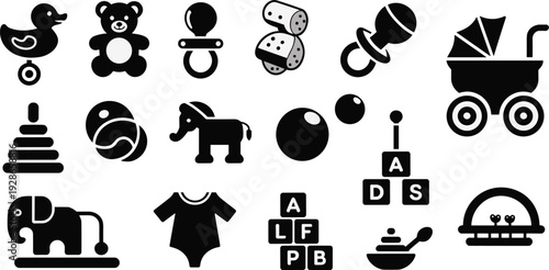 Black, silhouette, set, of, various, baby, toy, and, nursery, icons, including, teddy, bear, duck, pacifier, and, stroller, isolated, on, white, background.
