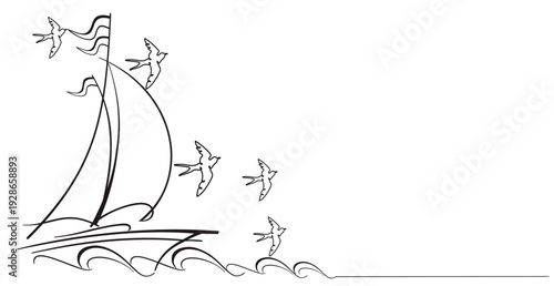 Silhouette image of seagulls and beautiful tall sailing ships sailing on the sea - SVG image with transparent background