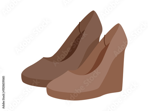 Brown wedge pump women flat pair. Closed toe dress footwear business, family event, comfortable chic outfit. Technical fashion illustration, CAD mockup, soft vector men unisex isolated modern style.