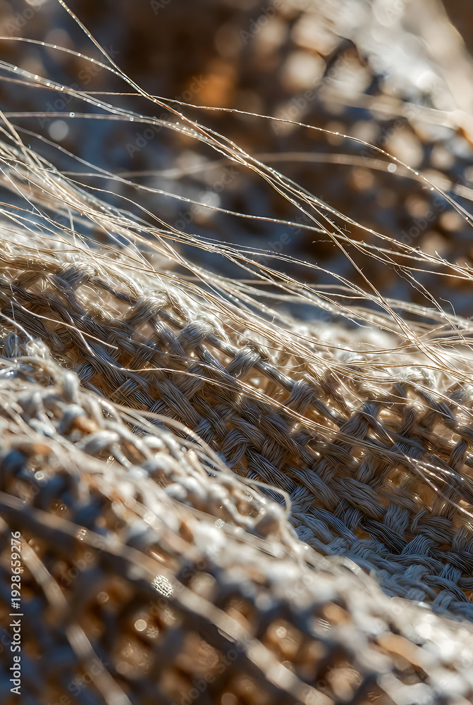 Obraz premium Macro detail of loose natural fibers on a woven textile background.