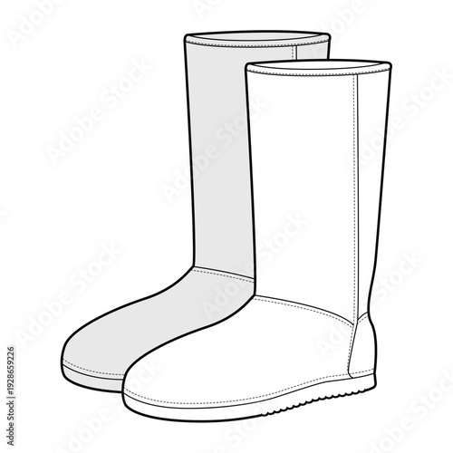 Tall winter boot women sketch pair. Fleece lined straight shaft boot for deep winter city outfit and outdoor walk. Technical fashion illustration CAD mockup vector man unisex isolated classic style.