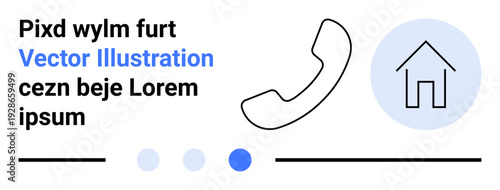 Phone handset and home icon with abstract dots and bars, featuring minimalist design and placeholder text. Ideal for communication, technology, customer service, contact, navigation, UI design