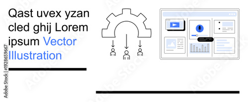 Business automation, data integration, digital workflow, analytics, technology solutions, teamwork. Gear icon distributing tasks to people and a dashboard with charts. Business automation and data