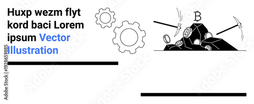 Cryptocurrency, blockchain technology, digital currency, mining, financial innovation, data processing. Gears and mining tools over rocks with crypto symbols. Cryptocurrency and blockchain technology