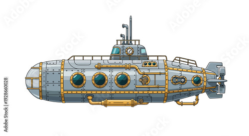 A long grey metallic submarine with gold pipes and multiple rivets is shown from a side profile view against a plain white background.