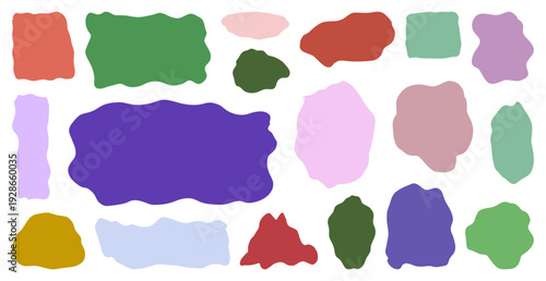 Wavy organic blob shapes set. Large center splash, floating islands and rounded patches for collage making, sticker creation and creative background design. Abstract graphic vector illustration.