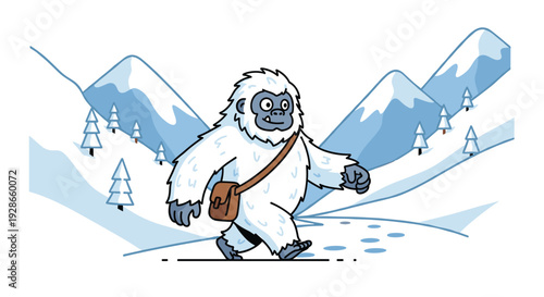 A friendly white yeti wearing a brown shoulder bag walks through a snowy mountain valley leaving blue footprints on the ground behind it.