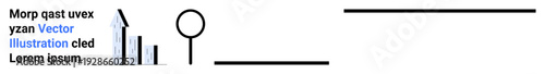 Data visualization, business analysis, information display, corporate reporting, statistics, minimalist design. Bar graph and magnifying glass illustration. Data visualization and business analysis