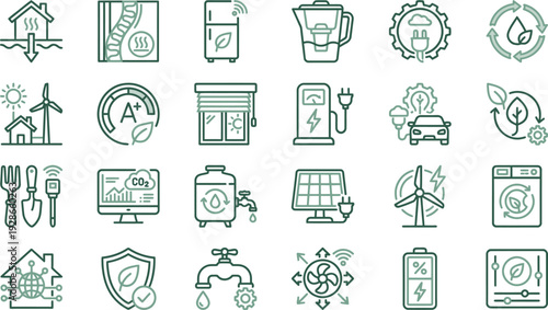 Green line icons illustrating sustainable energy, smart home technology, and environmental protection solutions.