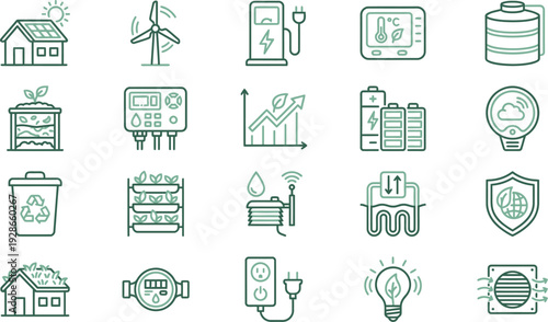 Collection of green technology icons representing sustainable energy solutions for modern homes and industry.