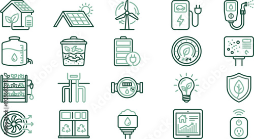 Green line icons illustrating sustainable energy, smart home technology, and eco-friendly solutions.