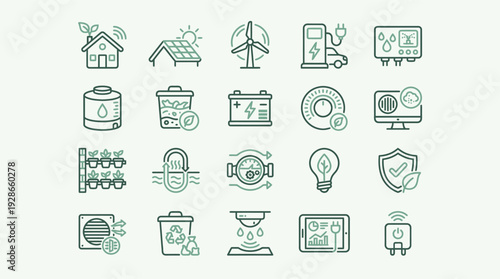Collection of modern green line icons symbolizing sustainable energy, smart home, and ecological solutions.