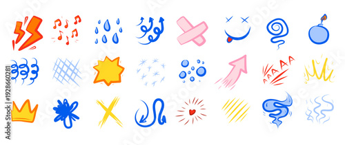 Color comic effect manga elements set on white background. Bright doodle icons with lightning, arrows, bubbles, splashes and cute emotions for dynamic cartoon character design and text decoration.