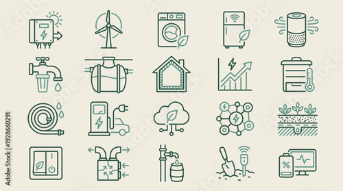 Eco-friendly line icons for renewable energy, smart home, and sustainable resource management solutions.
