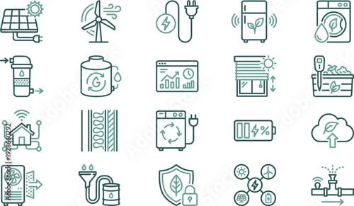 Collection of modern line icons representing sustainable energy, water conservation, and smart home technology.