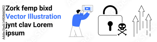 Man interacting with video media, large padlock symbolizing security, performance arrows pointing upward, and skull and crossbones warning. Ideal for cybersecurity, data privacy, technology growth