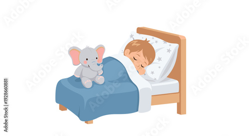 A small boy with brown hair sleeps soundly in a wooden bed under a blue blanket next to a grey toy elephant.