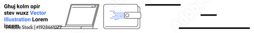 Online transactions, digital payments, fintech solutions, virtual wallets, secure technology, electronic currency. Laptop and digital wallet with circuit design. Online transactions and digital