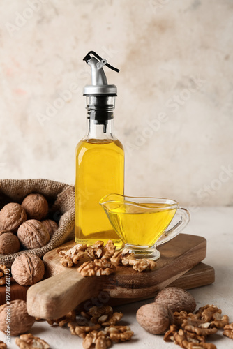 Tasty walnuts with bottle a...