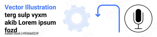 Workflow processes, communication systems, audio technology, data transfer, digital collaboration, automation. Gearwheel, blue arrow and a microphone icon. Workflow processes and communication