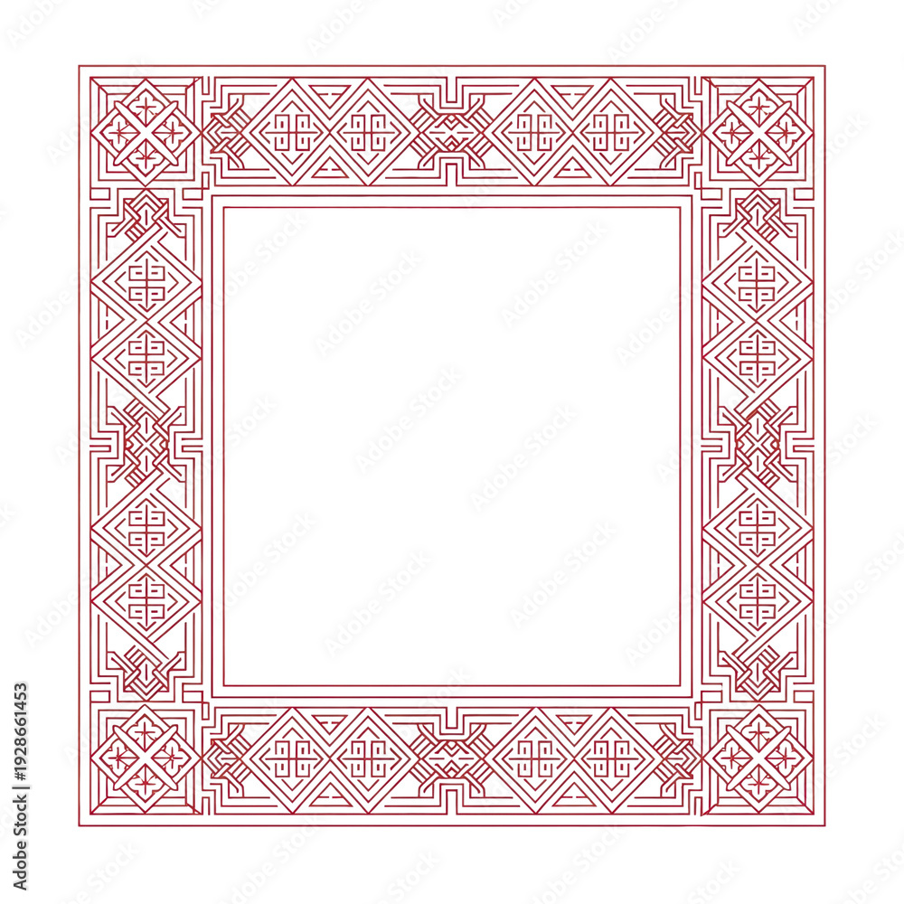 Obraz premium symmetrical square frame featuring intricate korean dancheong geometric patterns rendered in elegant crimson line art on a white background, concept of sophisticated east asian heritage design