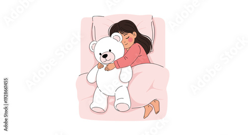 A young girl with dark hair sleeps in a pink bed while hugging a large white teddy bear under a soft pink blanket.