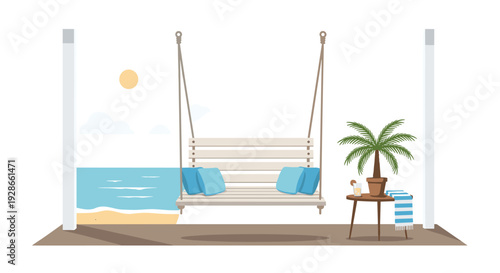 A white wooden porch swing with blue cushions sits on a deck overlooking a tropical beach with a blue ocean and yellow sun.
