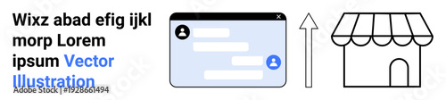 E-commerce, online retail, communication, business growth, customer service, technology. Chat window with user messages, upward arrow and store icon. E-commerce and online retail growth concept