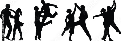Silhouette of dancing couples performing energetic partner dance moves, social dance celebration, isolated black figures on white background