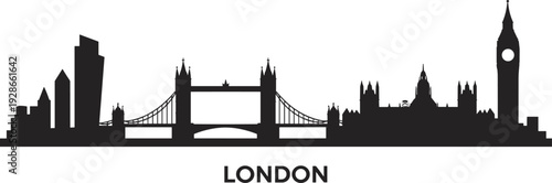 London skyline silhouette featuring Tower Bridge, Big Ben, Palace of Westminster, modern skyscrapers, symbolizing architecture, travel, tourism, culture, historic city illustration