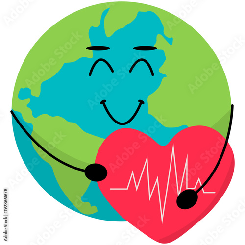 World Health Day Illustration. World health day cards set with heart and planet mascots. 70s retro cartoon chcracters and lettering. Linear hand drawn flat vector illustration. world health day. Steth