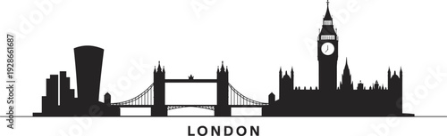 London skyline silhouette with Tower Bridge, Big Ben, Walkie Talkie building, symbolizing architecture, culture, travel, tourism, historic and modern city illustration