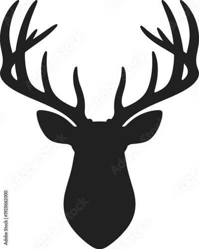 Black silhouette of deer head with large antlers, stag illustration, wildlife design, hunting emblem, decorative graphic concept