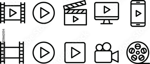  Minimalist Line Art Video and Media Play Icons Vector Set with Film Reel Clapperboard Camera Smartphone Monitor and Circular Play Buttons for Streaming