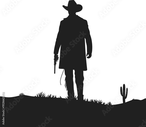 Western cowboy silhouette standing in desert terrain, cactus background, rustic frontier lifestyle, wild west revolver illustration art design