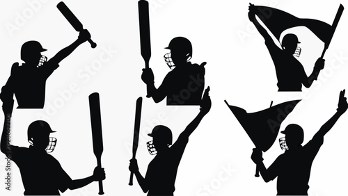 Cricket players celebrating with bats and flags in action