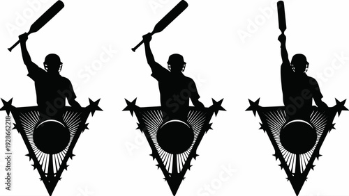 Baseball players swinging bats in dynamic poses with starburst designs