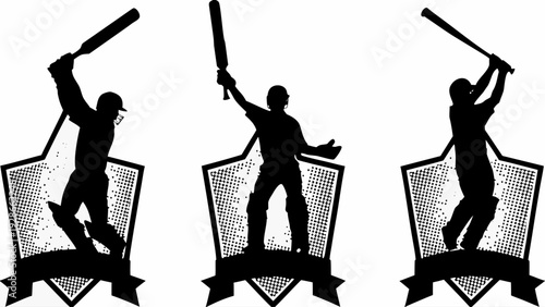 Baseball players swinging bats in dynamic poses with shields
