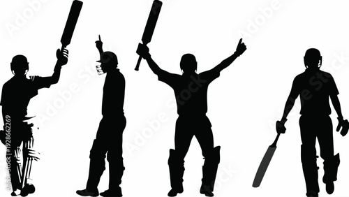 Cricket players celebrating in dynamic silhouettes with bats