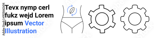 Waistline with circular arrows beside mechanical gears symbolizes body balance, optimization, weight management, health tracking. Ideal for fitness apps, health tech, wellness brands, diet planning