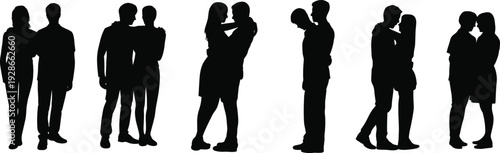 Silhouette of couples standing together, hugging, romantic relationship, intimacy, companionship, love, emotional bond, social interaction illustration