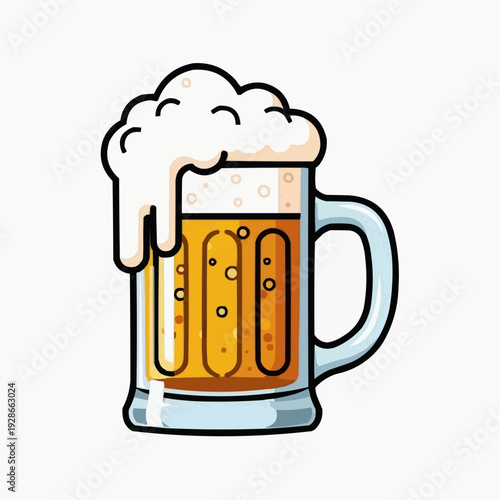 Mug of frothy beer with overflowing foam, isolated on white background.